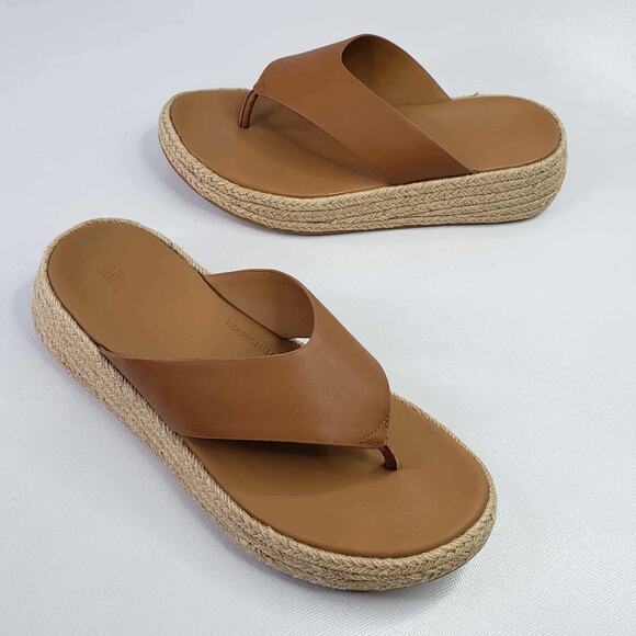 Fitflop Sandals Size 9 F-MODE Espadrille Leather Brown Thong Slip On Comfort - Picture 1 of 8